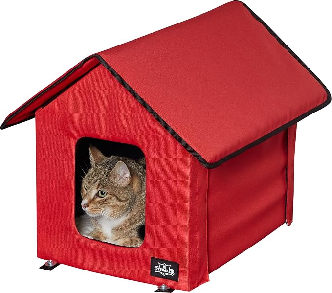 Heated Cat House - Double-Door Cat Bed with Zippered Roof, Pet Heating Pad, and Sherpa Cover - for Garage, Porch, Barn, or Basement by PETMAKER (Red) by PETMAKER