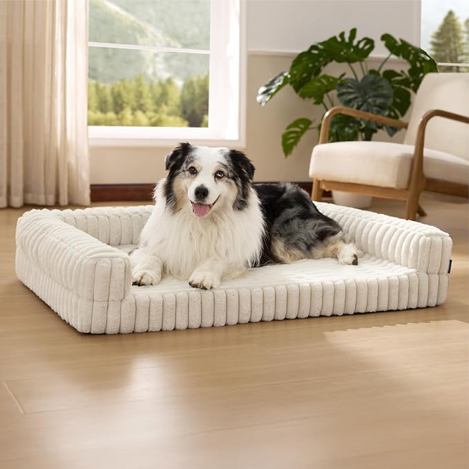 Bedsure ComfyFleece™ Orthopedic Dog Beds for Extra Large Dogs, Waterproof Memory Foam XL Pet Bed with Sides, Non-Slip and Egg-Crate Foam Big Dog Couch Sofa with Washable Corduroy Cover, Cream by Unknown