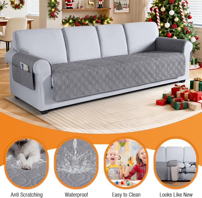 VANSOFY Waterproof Oversized Couch Cover for Pets, Light Gray, 72.4" | Non-Slip, Washable, Utility Pockets, Pet Friendly, Furniture Protector Slipcover for 4 Cushion Couch - Image 4