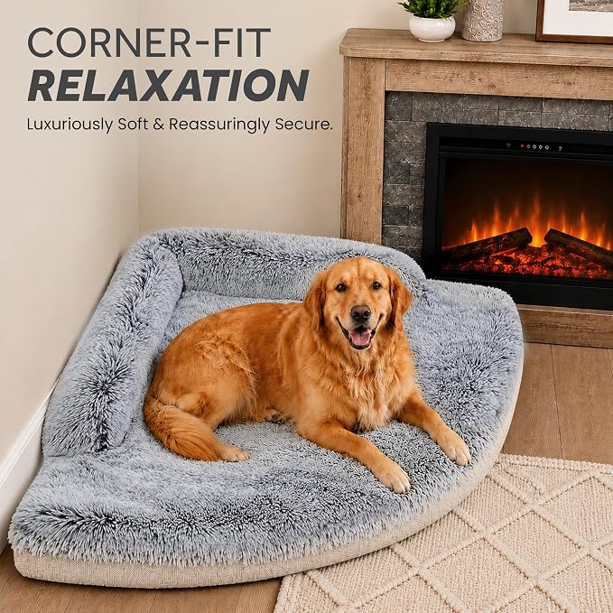 Corner Dog Bed Large, 36" Calming Fluffy Orthopedic Pet Beds, Beige | Space saving plush corner nest,egg-crate foam, washable cover, waterproof liner, non-slip bottom and bolsters for large dogs - Image 2