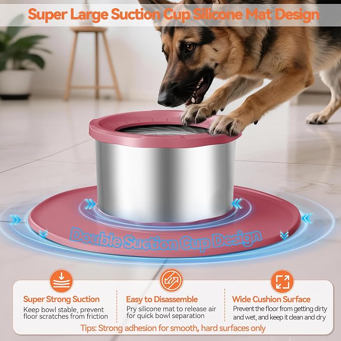 Decflow 12L No Spill Dog Water Bowl for Large Dogs, Stainless Steel Spill Proof Bowls with Suction Cup Anti-Skid Mat, Slow Feeder for Messy Drinkers, Heavy Duty Pet Bowls for Indoor/Outdoor Pink - Image 5