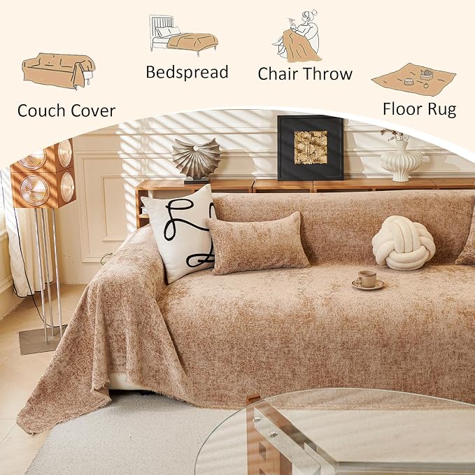 Khaki Soft Durable Slub Chenille Couch Cover Large 71x118’’ | for All Shape Sofa Couch Sofa-Bed Slub Furniture Protector Machine Washable, Solid Camel Tan Sofa Slipcover Dogs Pets Kids - Image 5