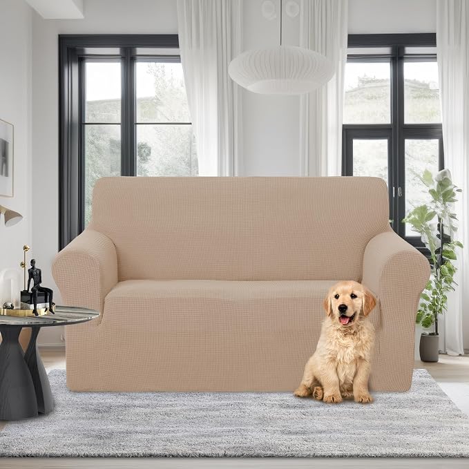 U-NICE HOME Loveseat Cover Stretch Couch Cover Sofa Slipcover, Camel | 2 Cushion Sofa, 1-Piece Sofa cover, Washable, Pet friendly, Furniture protector, Polyester Spandex Jacquard fabric - Image 2