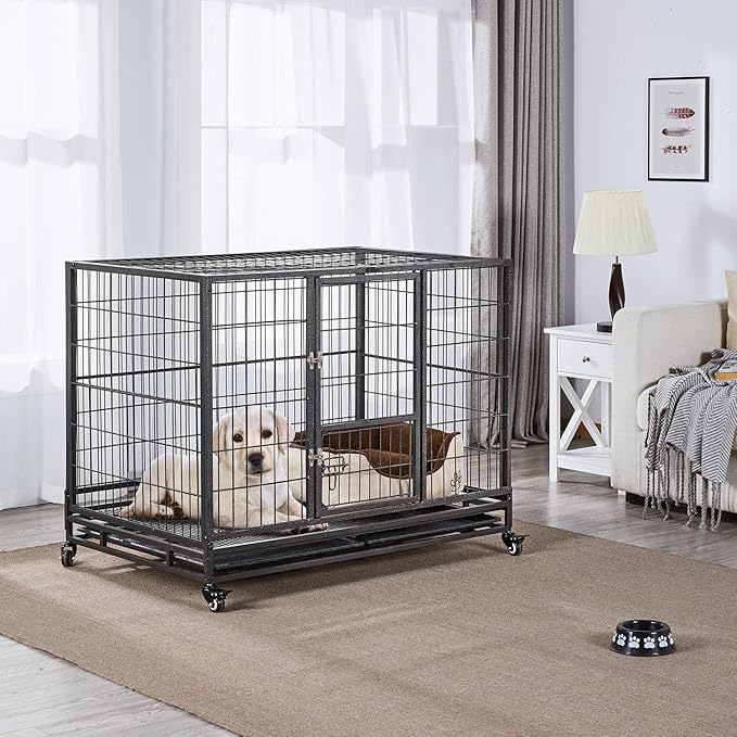 Yaheetech 43in Heavy Duty Escape Proof Dog Crate Cage w/Double Doors, 2 Removable Trays, Lockable Wheels, Indestructible Dog Kennel for Medium/Large Dogs