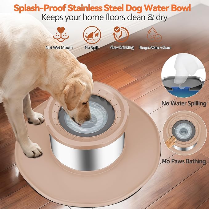 Decflow 12L No Spill Dog Water Bowl for Large Dogs, Stainless Steel Spill Proof Bowls with Suction Cup Anti-Skid Mat, Slow Feeder for Messy Drinkers, Heavy Duty Pet Bowls for Indoor/Outdoor Beige - Image 3
