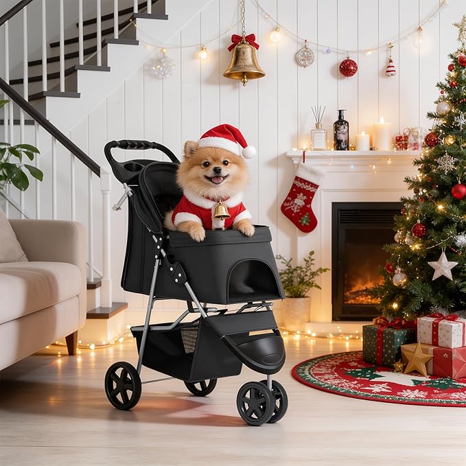 MoNiBloom Foldable Pet Stroller with Weather Cover, 3 Wheels Pet Strolling Cart for Small/Medium Dogs and Cats with Storage Basket and Cup Holder, Breathable and Visible Mesh for All-Season, Black