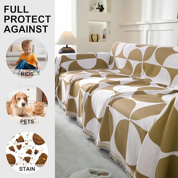 Couch Cover for Sofa, Boho Sofa Cover Washable Couch Cover for Dogs, Pet Sofa Cover for 1-Cushion Couches with Tassel Furniture Protector Cover,71" x 91",Khaki-Half-Round-2 - Image 4