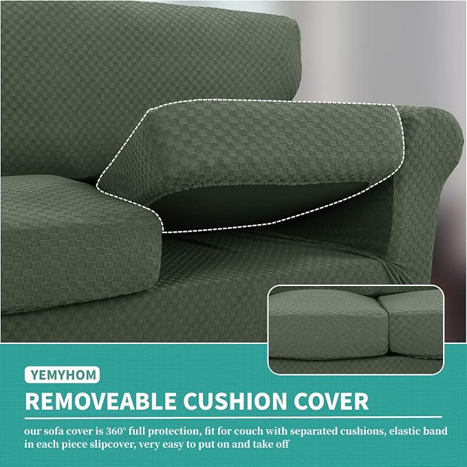 YEMYHOM Latest Checkered 4 Pieces Couch Covers for 3 Cushion Couch High Stretch Thickened Sofa Cover for Dogs Pets Elastic Slipcovers Living Room Furniture Protector (Army Green), 71"-91"(3 Cushions) - Image 4