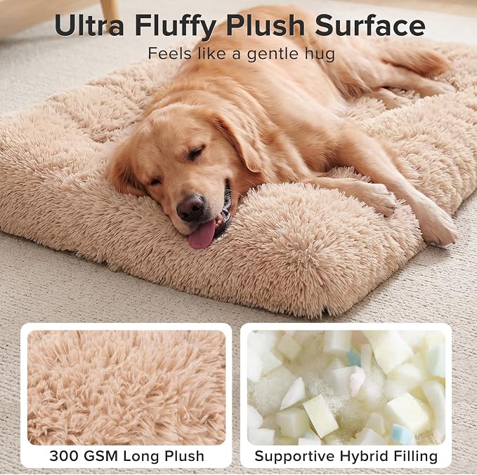 JOEJOY Dog Bed Crate Pad, Deluxe Plush Washable Dog Beds Fulffy Soft Kennel Pad Anti-Slip Pet Sleeping Mat for Small Dogs, 23" x 18", Beige - Image 2