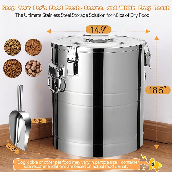 40lb Stainless Steel Dog Food Storage Container, Large Capacity Metal Pet Food Storage Container with Scoop, Airtight Dog & Cat Food Treat Bin for Dry Food Keep Fresh for Multi-Pet Households - Image 2