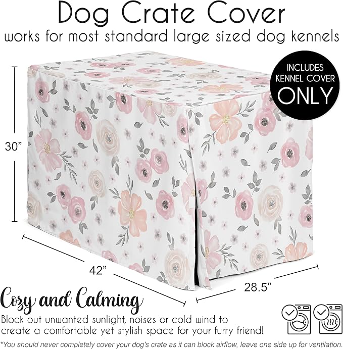 Sweet Jojo Designs 42in. Medium/Large Dog Crate Cover (Pink/Grey Boho Floral) for Girls Pet Cage, Kennel Covers (Watercolor, Flower, Elegant Rose, Shabby Chic, Farmhouse, Nature, Blush & Gray) - Image 5