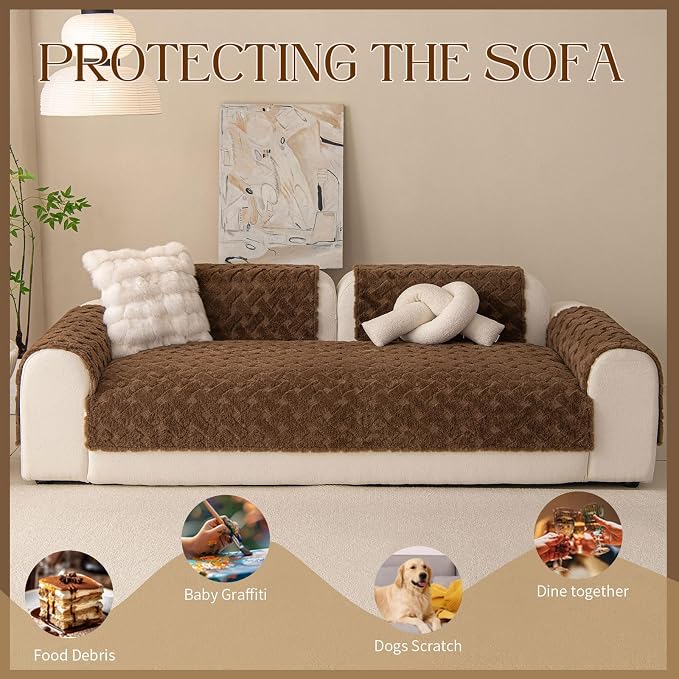 Waterproof Dog Bed Cover Non Slip Couch Cover for Dogs Washable Soft Faux Fur Sofa Cover Couch Covers for 3 Cushion Couch Sofa Pet Friendly (Brown, 34x94.5（1pc）) - Image 2