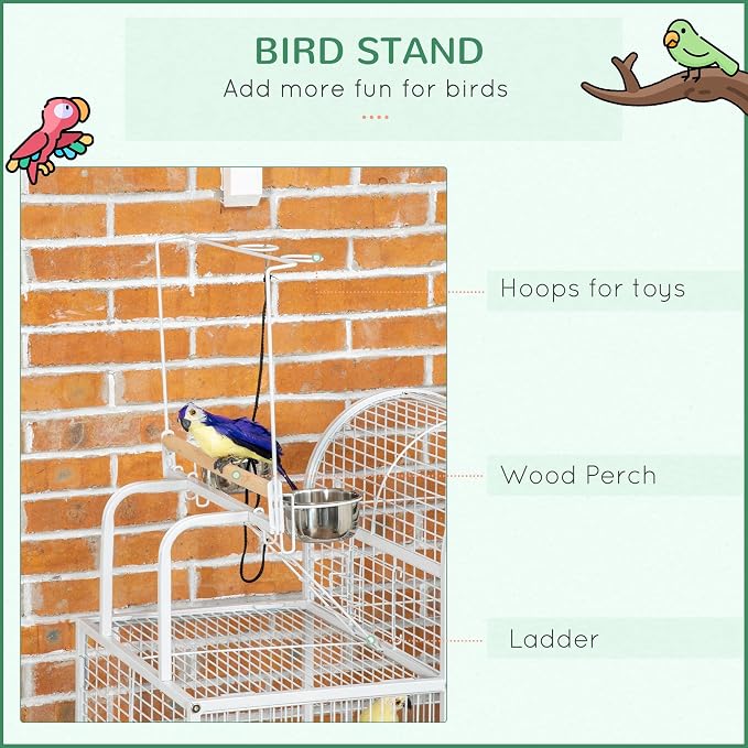 PawHut 55" Large Parrot Cage with Toy Hooks Above Top Bird Perch, Tray, Food Cups, Rolling Stand, Bird Cage for Cockatiels, Parakeets, Lovebirds | Above Top Bird Perch, Rolling Stand, for Cockatiels, Parakeets, Lovebirds - Image 4