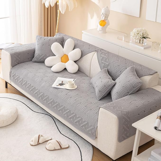 vctops Solid Color Cotton Quilted Sofa Couch Cover Weave Pattern Soft Sectional Couch Covers Embroidery Non-Slip Sofa Slipcover for Dogs, Children, Pets Furniture Protector (Grey,28"x82") - Image 6