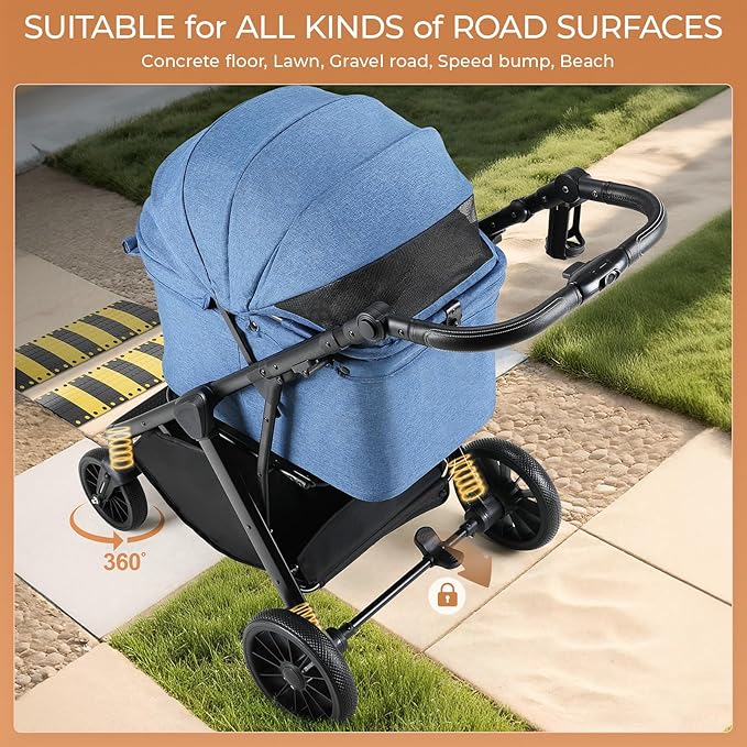 MAMIZO Foldable Dog Stroller for Medium Dogs Cats Up to 55 Lbs, Adjustable Height Handle, Pet Stroller with Aluminum and Carbon Steel Frame, Sun Shades, Storage Basket & Shock Absorbers, All-Terrain