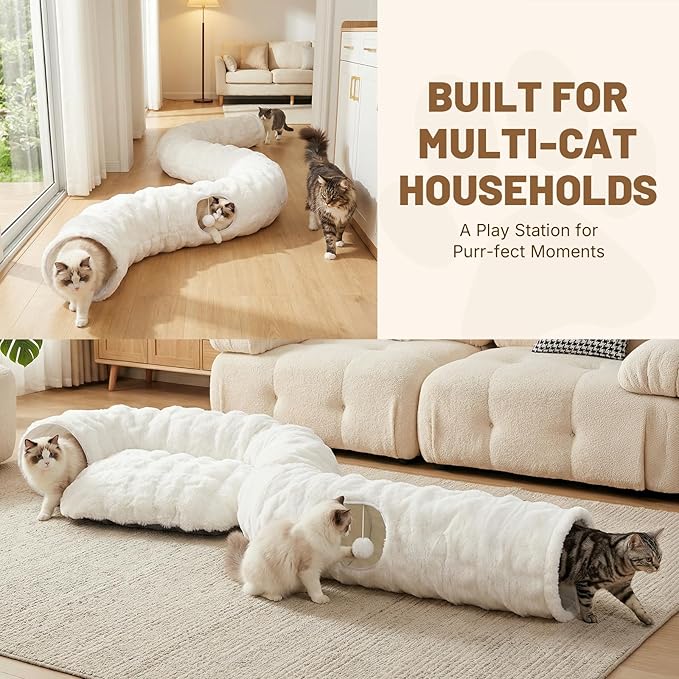 Extra Large Cat Tunnel, 47.2in Luxury Tunnel for Large Cats, Extra Long Bubble Fleece Big Cat Tunnel for Cats with Washable Mat, Skin-Friendly Large Tunnel for Cats, Puppy, Rabbits White - Image 2