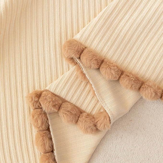 Beige Boho Striped Couch Cover for Sectional, Soft Chenille Jacquard Sofa Cover for 3 Cushion Couch with Pom Pom Edge, Pets Sofa Protector for Loveseat Washable, Sofa Slipcover for L Shaped-71X150IN - Image 4