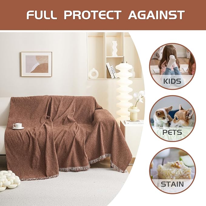 MEETSKY Couch Covers for 2 Cushion Couch Sectional Sofa, Washable Sofa Covers Blanket Chenille Couch Cover, Sofa Slipcover Pets Sofa Cover with Tassel Pet Couch Cushion Cover, 71"X102" - Image 2