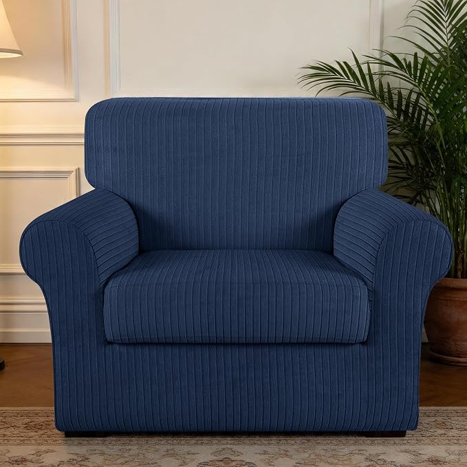 Armchair Cover Stretching Skid Resistance Couch Cover for Pets Washable, Thick and Durable Soft High Spandex Striped Pattern Sofa Covers, Form Fitted Chair Slipcover(Armchair, Navy) - Image 7