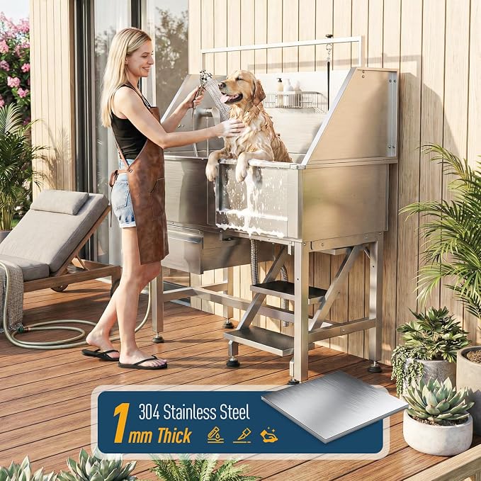Dog Washing Station for Home,Professional 46" Stainless Steel Dog Bathing Station Height Adjustable Dog Wash Station Dog Grooming Tub Stair, Drawer, Floor Grate & Fauct (Right Stair) - Image 6