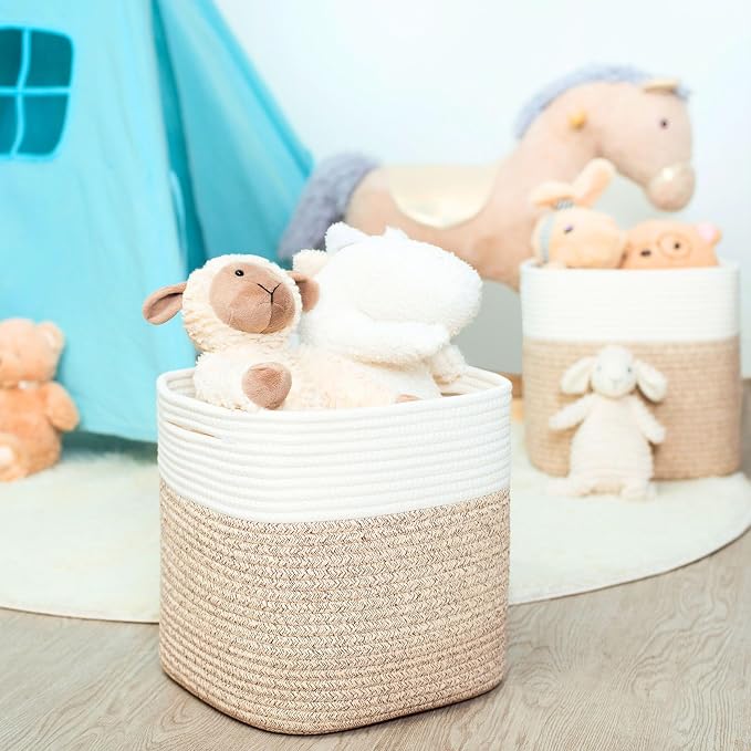 MINTWOOD Design 3-Pack 11x11in Woven Cube Storage Bin and Shelf Baskets, Cute Decorative Square Organizer for Closet, Classroom, Bathroom, Dog and Cat Toys, and Books, Light Brown - Image 3