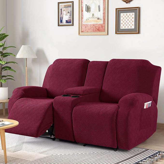 VANSOFY Recliner Loveseat Cover with Middle Console Stretch Reclining Sofa Slipcover for 2 Seat Jacquard Reclining Couch Sofa Covers Furniture Protector with Elastic Straps Bottom (Burgundy) | 4-Pieces, Soft Furniture Protector, Washable Slipcover with... - Image 7