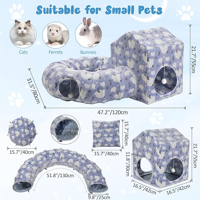 Pawaboo Cat Tunnel Bed for Indoor Cats, Cute Cat Donut Tunnel with Square House, Peekaboo Pet Cave Play Tunnels with Cave for Kitten/Rabbit, Basic Soft Blue - Image 2