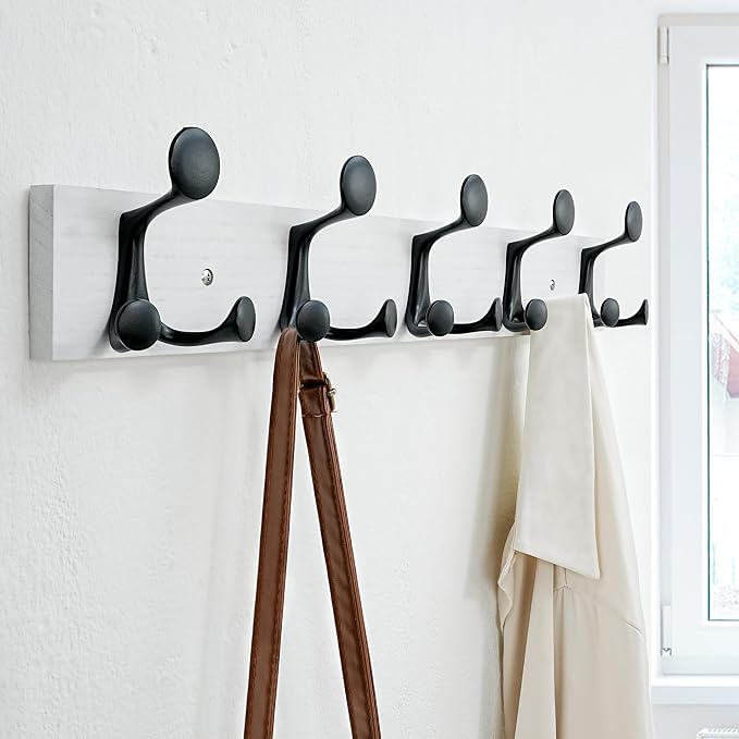 SKOLOO 24-Inch White Wood Coat Rack Wall Mount with 5 Triple Hooks - Ideal for Family Entrances, Classrooms, and Pet Supplies Storage - Perfect Coat Hooks for Wall - Image 3