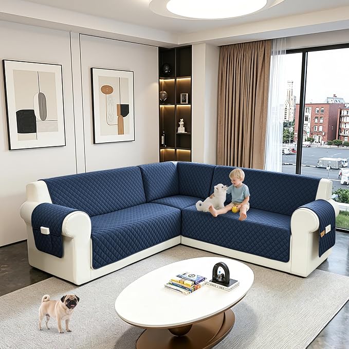 Sectional Couch Covers for Dogs 100% Waterproof Corner L Shaped Sofa Cover Pet Friendly Velvet Washable Anti Slip L Shape Modular Sofa Slipcover Protector with Pockets (Navy Blue, Large) - Image 6