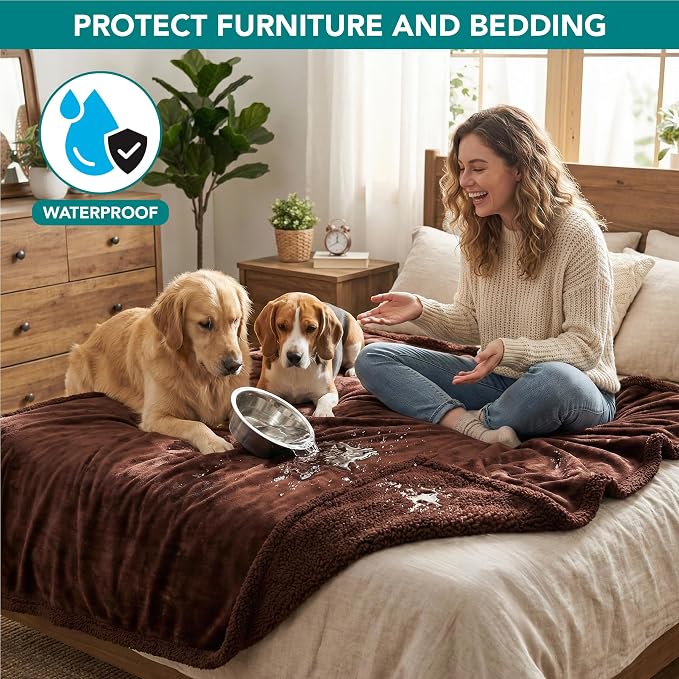 PetAmi Waterproof Dog Blanket for Couch, Queen 90x90, Pee Proof Sherpa Fleece Reversible Pet Throw, Furniture Protector for Bed Sofa, Soft Washable Cover for Large Dogs Cats, Brown Sherpa - Image 2