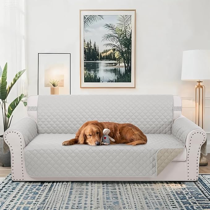 Reversible Couch Cover for 3 Cushion, Sofa, Light Grey/Beige | Couch Cover for Sofa, Pet Friendly Water Repellent Couch Sofa Cover, Washable Furniture Protector with Elastic Straps - Image 2