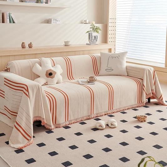 DREAMINGO Couch Cover Reversible Chenille Furniture Protector Sofa Covers for Pets Kids Beige Orange Couch Cover for 2 Cushion Couch Sofa Vertical Stripe Jacquard Sofa Slipcover Sectional, 71"x118" by DREAMINGO