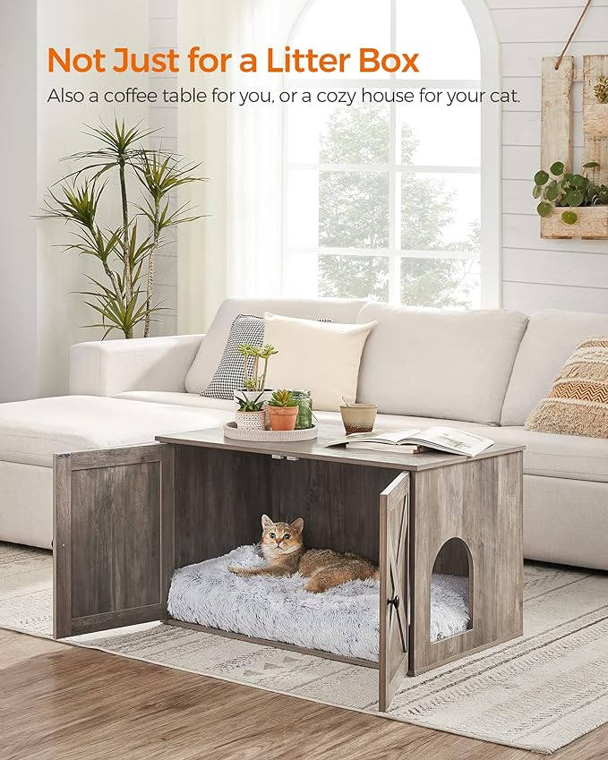 Feandrea Cat Litter Box Enclosure, Litter Box Furniture Hidden with Removable Divider, Indoor Cat House, End Table, 31.5 x 20.9 x 19.7 Inches, Greige UPCL002G01 - Image 3