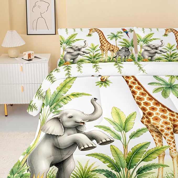 QOOMO Wild Animal Comforter Full Size,Elephant Giraffe Zebra Kids Comforter Set,3Pcs Bedding Set Printed Comforter with 2 Pillowcases,Down Alternative,Soft and Lightweight - Image 3