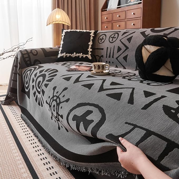 DREAMINGO Grey Japandi Couch Cover Boho Tribal Jacquard Sofa Covers for 3 Cushion Couch Thick Soft Chenille Living Room Furniture Futon Sectional Sofa Slipcovers Washable, XX-Large 71"x150" - Image 7