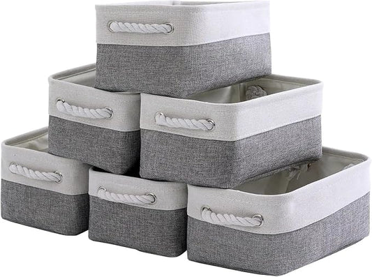TcaFmac Small Storage Baskets for Shelf 6 Pack Canvas Storage Basket with Handles Fabric Storage Basket for Organizing Storage Bin (White and Grey, 12x8x5") by TcaFmac