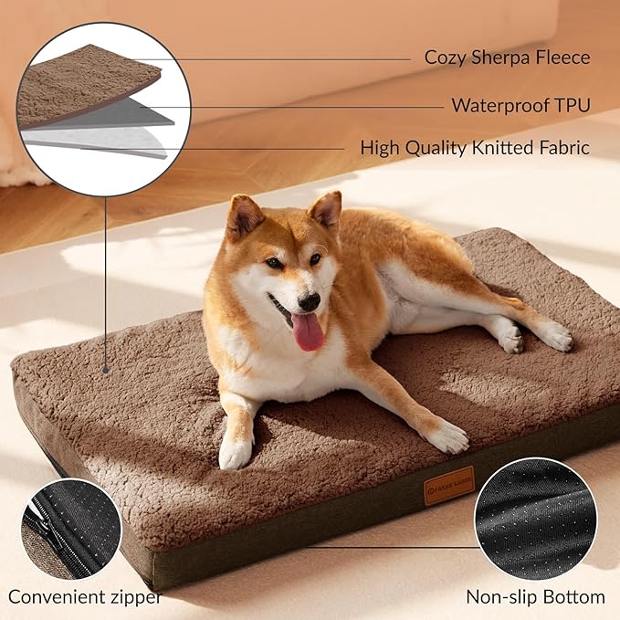 Patas Lague Orthopedic Jumbo Dog Bed for Large Sized Dog 56''X40'', Soft Waterproof Egg Crate Foam Large Pet Crate Beds Mat with Removable Washable Cover and Non-Slip Bottom, Brown - Image 3