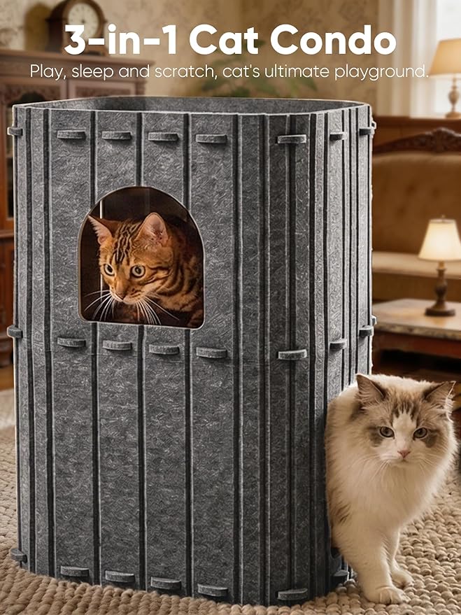 FUKUMARU Cat House for Indoor Cats, Warm Felt Cat Bed, Scratch Resistant | Large Cat Bed Cave, 3-in-1 Cat Condo, Cozy Felt Covered Cats Tunnel, 23.62 Inch Kitten Hideaway for Multicats, Dark Grey - Image 2