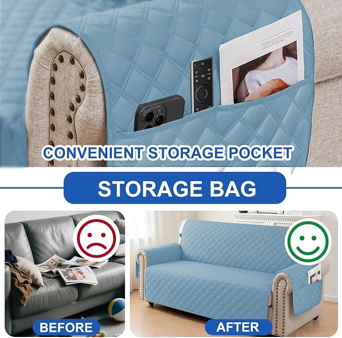 Waterproof Couch Cover for Pets, Sofa Covers for 3 Cushion Couch Washable, Non Slip Couch Covers for Dogs with Side Pockets Elastic Straps, Quilted Couch Covers for Sofa (Sofa, Aqua Blue) - Image 5