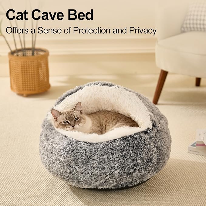 MADDEMCUTE Calming Dog & Cat Cave Bed With Hooded Cover, Removable Washable Round for Small Medium Pets, Anti-Slip Faux Fur Fluffy Coved for Improved Sleep, Fits up to 15/25 lbs (Grey, S) - Image 3