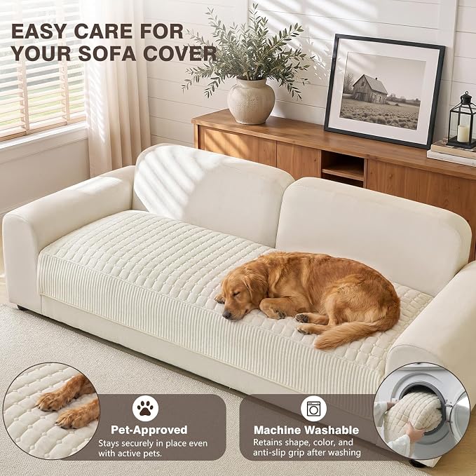 OHSIO Soft Plush Couch Cover for Sofa, Washable Milk Velvet Sofa Slipcover, Non-Slip Furniture Protector for 1 2 3 Seater Couch, Dogs, Pets and Kids(White, 35.43'' x 82.68'') - Image 4
