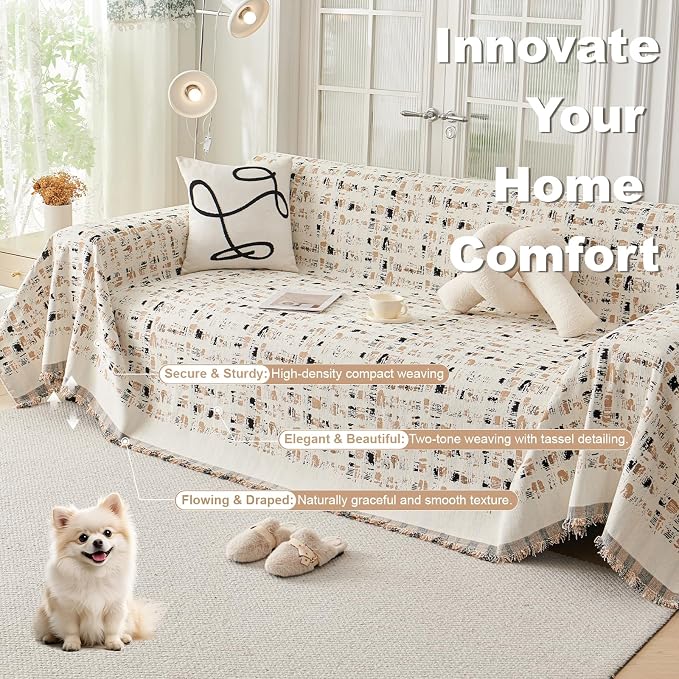 ROOMLIFE Couch Cover 3 Cushion Sofa, Washable Non Slip Furniture Sofa Protector Cover, Soft Chenille Sofa Slipcovers Sectional L Shape Dogs Couch Cover Throw Blanket with Tassels 71''X134'' - Image 2