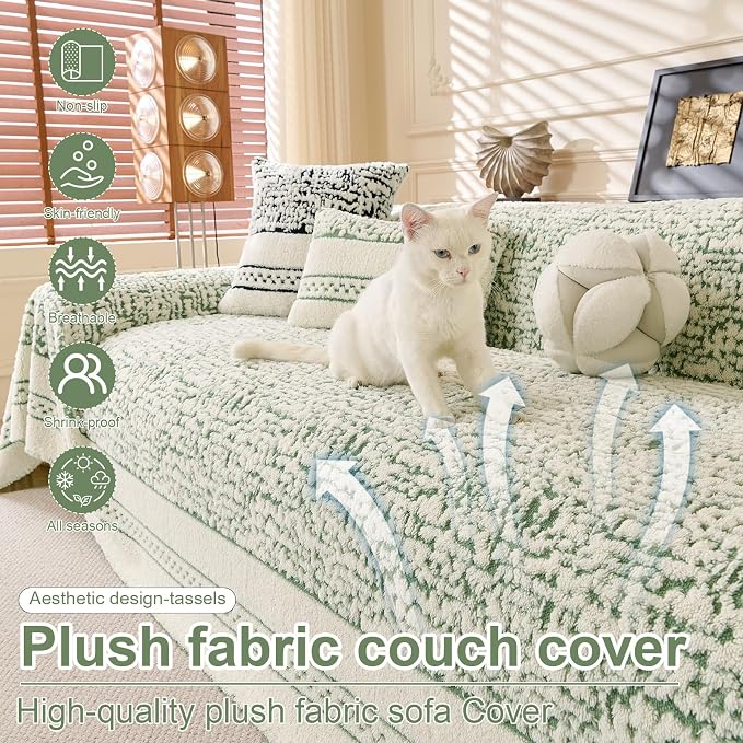 ROOMLIFE Thicked Striped Boho Green Couch Cover for 2-3 Cushion Sofa, Fuzzy Plush Warm Sofa Slipcovers Sectional Sofas Covers, Non Slip Washable Furniture Protector Soft with Tassel,Winter 71''X118” - Image 2