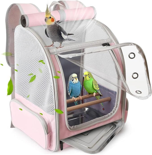 Parrot Carrier Backpack with Front Zipper Opening, Bird Travel Carrier Cage with Standing Perches and Metal Tray, Breathable Portable Transport Bag for Parakeet, Budgie, Conure, Cockatiel, Parrot by halinfer