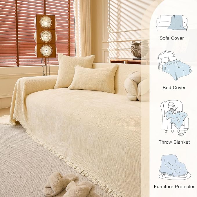 Beige Chenille Couch Cover Soft Large Sofa Cover, Bottom Tassels | Solid Washable Furniture Protector for Dogs & Pets, Tear-Resistant, Anti-Slip, 1-2 Cushion Couch, Home Decor, 71"x118" - Image 4