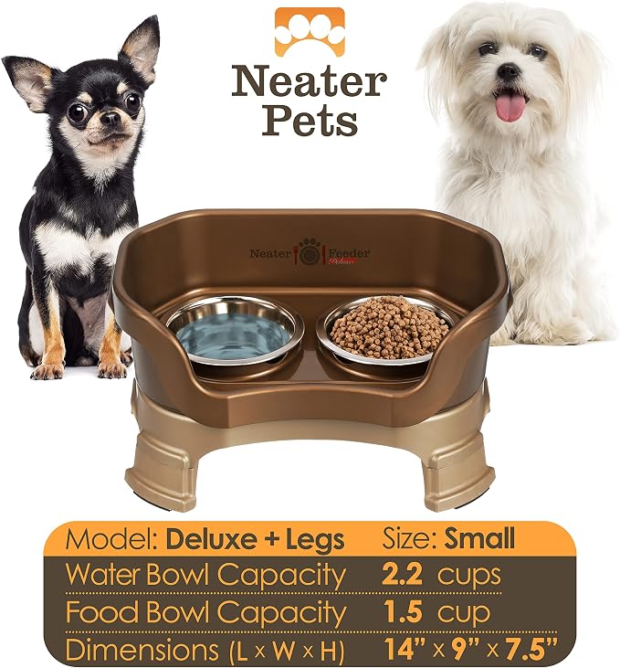 Neater Feeder Deluxe Mess-Proof Elevated Dog Bowls for Small Dogs (Up to 19 lbs), 2 Height Adjustable (6” & 7.5”) No-Spill Raised Dog Bowl Stand, Stainless Steel Food Bowl Set, Made in USA, Bronze - Image 2