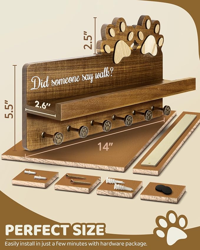 MTERSN Farmhouse Dog Leash Holder for Wall - Decorative Key Hooks Wall Mount with Paw Shape and 6 Unique 3D Hooks - Dog Lover for Home Decor (Acacia Wood) - Image 2