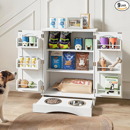 FIMELLO 31.7" High Dog Feeding Station with Feeding Bowls, Pet Organizers and Storage Adjustable Shelf, Dog Feeder Station, Pet Storage Cabinet for Cats and Dogs, White by FimelloHome
