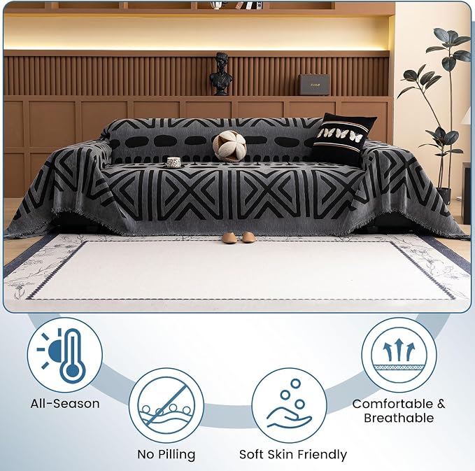 STACYPIK Boho Dark Grey Couch Cover for Pets Non Slip Black Geometric Sofa Cover Anti-Scratch Furniture Protector for 3 Cushion Couch with Tassels Multi-Use Sofa Slipcover for Sectional-71X150IN - Image 3