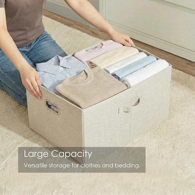 PRANDOM Storage Bins with Lids [3-Pack] Linen Fabric Foldable Storage Boxes Organizer Containers Baskets Cube with Cover for Bedroom Closet Office Beige (23.4X15.9X11.4) - Image 2